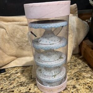 Porcelain Grace Cupcake Stands Mini Dessert Pedestals Baby Blue White Polka Dot